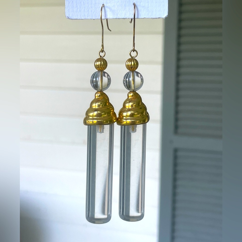 Vintage Earrings Gold Tone and Clear Lucite or Acrylic Funky and Unique